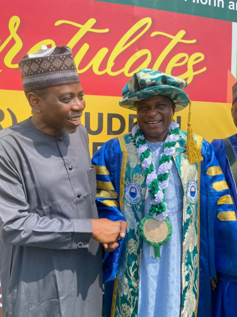 PROF. ALI AHMAD CONGRATULATES ALHAJI IBRAHIM TAJUDEEN AJIBOLA ELEKU ON THE CONFERMENT OF AN HONORARY DOCTORATE AWARD